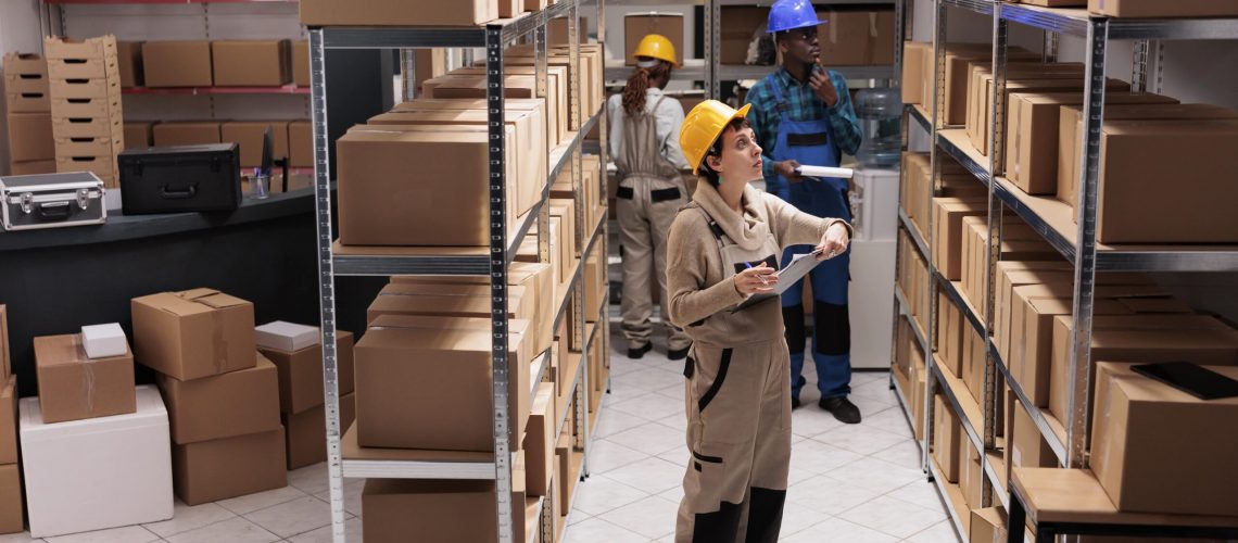 delivery-service-worker-searching-customer-parcel-warehouse-holding-clipboard-diverse-storehouse-employees-wearing-uniform-overalls-supervising-goods-factory-storehouse-min
